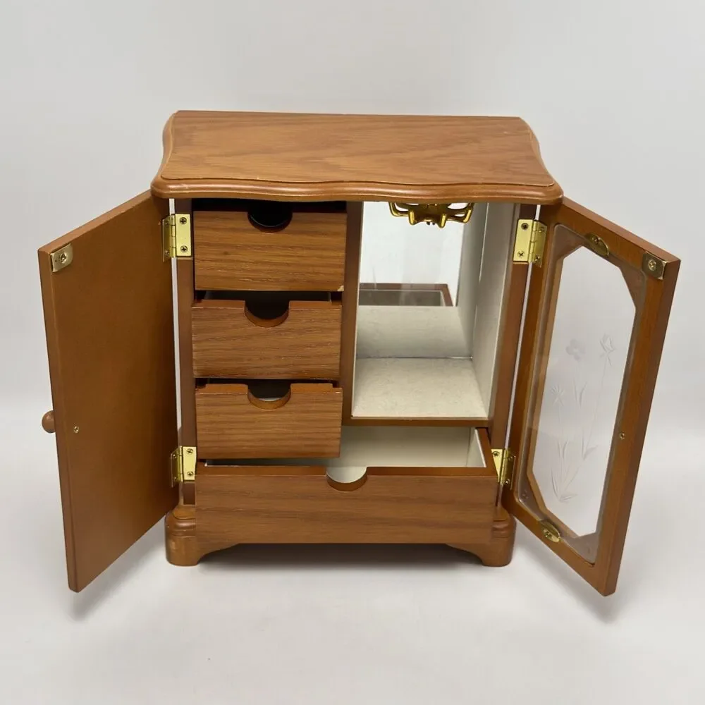 Vintage Wooden Jewelry Box Armoire Wood Tabletop Jewelry Organizer With Mirror